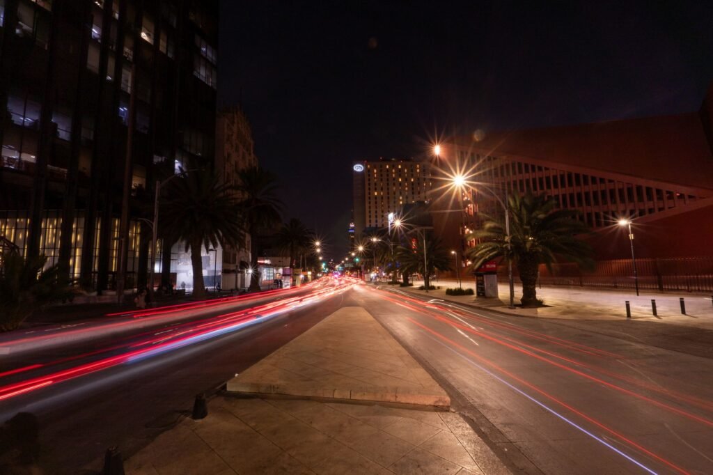 Nighttime long exposure of traffic lights in downtown Mexico City.